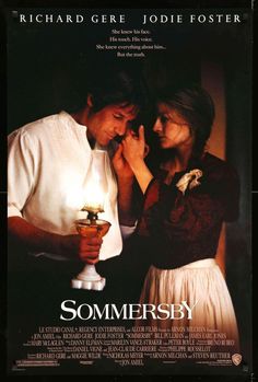 a movie poster for somersby with two people standing next to each other and holding a candle in their hands