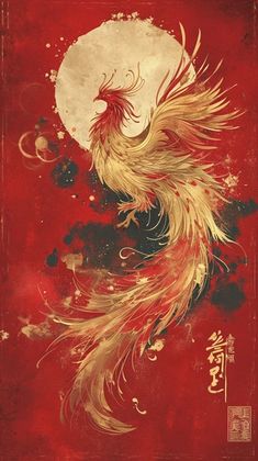 a red and gold painting with a bird on it's back, in front of a full moon