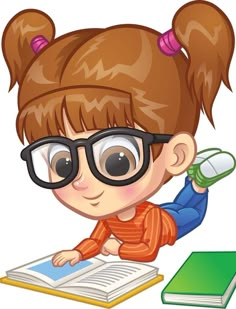 a girl with glasses reading a book and holding a magnifying glass in her hand