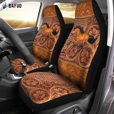 the horse is depicted on this car seat cover set, and it's all made out of wood