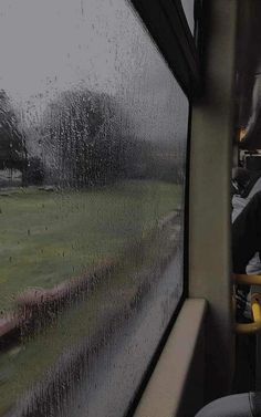 the rain is coming down on the grass and trees as seen from a train window