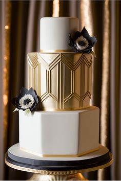 A three-tiered Art Deco-inspired wedding cake with a metallic gold finish. The cake features repeating geometric shapes such as hexagons and zig-zag patterns. Each tier is separated by a gold metallic ribbon, the top tier is adorned with a small geometric sculpture made of gold metal. The overall design of the cake gives a strong elegant and modern feel Geometric Cake Design, Hexagon Wedding Cake, Deco Cake, Silver Wedding Decorations, Geometric Cake, Great Gatsby Party