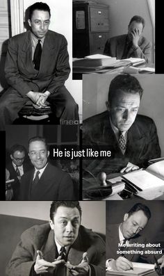 black and white photos of men in suits, including one with his hand on his chin