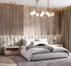 a bedroom with a bed, nightstands and lamps hanging from the ceiling in front of a wood paneled wall