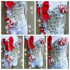 four different pictures of a woman's corset with candy canes on it