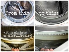 four pictures showing how to clean a washer and what to do with the washing machine