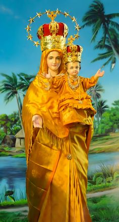 a painting of the virgin mary and child jesus in gold with palm trees behind them