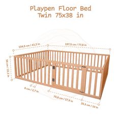 a wooden crib with measurements for the bed