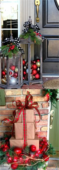 christmas decorations and presents are displayed on the front porch for holiday cheerers to enjoy