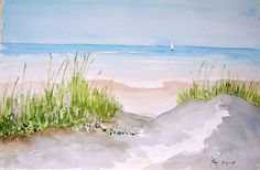 watercolor painting of beach scene with grass and sailboat in the distance on blue sky day