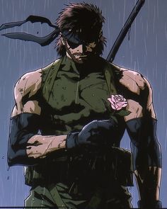 an anime character holding a flower in the rain with his arms crossed and one arm wrapped around him