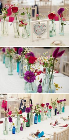 several different shots of vases with flowers in them on the table at a wedding