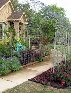 a garden with lots of flowers and plants growing in the ground next to a house