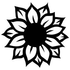 a black and white flower with leaves on the petals, is shown in this image