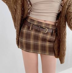 Belt is included. Pencil mini skirt. Safe pants inside. Material: Polyester spandex Color: Khaki Brown, Green Navy Unit: CM Waist Hip Length XS 65 84 28.5 S 69 88 29.5 M 73 92 30.5 L 77 96 31.5 * 1cm ≈ 0.3937 inchNote: There may be 2-3cm error due to manual measurement. If you need size help, please drop us a message, we'd love to help. Tasman Slippers Outfits, Plaid Short Skirt, Slippers Outfit, Suspender Tights, Belt Skirt, Hairstyles With Glasses, Navy And Khaki, Vintage Belt, Skirt Belt