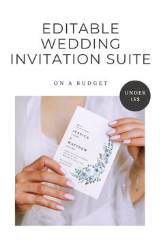 a person holding a wedding card with the words, editable wedding invitation suite on it