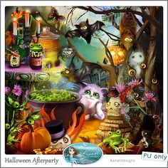 a halloween scene with cats and other items