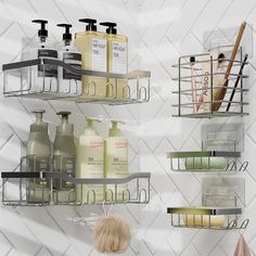 the shelves are organized with soaps, shampoos and lotion in them