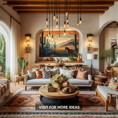 a living room filled with lots of furniture next to a cactus wall mounted painting on the wall