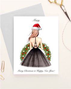 a christmas card with a woman in a dress and santa's hat on it