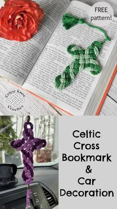 crocheted cross bookmark and car decoration with text overlay that reads, celtic cross bookmark and car decoration