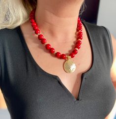 Statement Big Red Beaded Necklace for Women.Elegant Gemstone Jewelry   ☀️Dimension: 46 cm + 3 cm extention chain If you do not want an extension chain or need additional extension chain, please inform me. 🌈Materials: Red Turquoise,14k gold plated 🔴 30% Discount for 2 items use the code: 2ITEMS30 🔴 35% Discount for 3 or more items use the code: MOREITEM35 Visit my shop for all designs: https://www.etsy.com/shop/MervuHandmadeJewelry ✈️Trackable Shipping Necklace comes in a jewelry box 💎Made fr Red Beaded Necklaces With Natural Stones, Red Beaded Necklaces With Large Round Beads, Handmade Red Beaded Necklaces With Round Pendant, Red Pendant Beads For Gifts, Red Necklaces With Natural Stones And Round Beads, Red Beaded Pendant Necklace, Handmade Red Beaded Necklace With Round Pendant, Red Necklaces With Natural Stone Round Beads, Red Beaded Pendant Necklace With Natural Stones