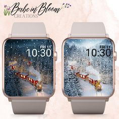 two smart watches with santa's sleigh and train running on snow covered trees