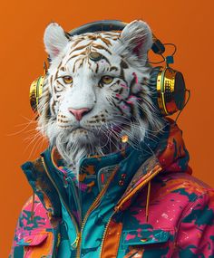 a white tiger wearing headphones on top of it's head in front of an orange background