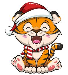 a cartoon tiger wearing a santa hat and sitting down with its mouth open to the side