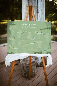 a wooden easel with a sign on it that says savannah and peter's wedding dates