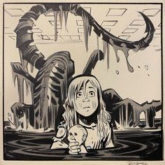 a drawing of a woman holding a teddy bear in water with an alien like creature behind her