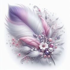 a white and pink feather with pearls on it's side, surrounded by other feathers