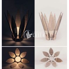 three different types of lamps with leaves on them and one light that is shaped like a flower