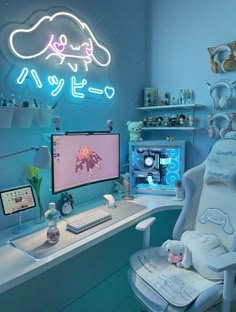 a child's room with a computer and toys