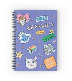 a spiral notebook with stickers on it and the words, likes charlie's