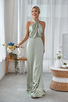 Sage Charmeuse Halter Neck Sleeveless Mermaid Long Bridesmaid Dress Long Green Bridesmaid Dresses, Mismatched Green Bridesmaid Dresses, Green Dress Formal, Halter Neck Bridesmaid Dresses, Green Satin Bridesmaid Dresses, Mermaid Long Dress, Backless Bridesmaid Dress, Mermaid Long Bridesmaid Dresses, Sage Bridesmaid Dresses