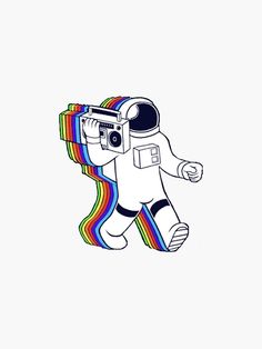 an astronaut walking with a rainbow flag on his back