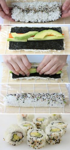 sushi is being prepared on a bamboo mat