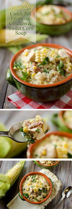 corn and chicken soup is served in an orange bowl with a spoon on the side