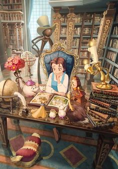 the beauty and the beast desk is full of books