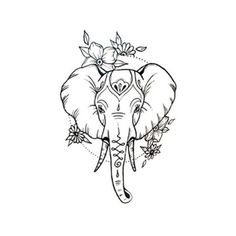 an elephant with flowers on it's head is shown in black and white ink