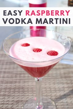 raspberry vodka martini in a coupe glass with the text easy raspberry vodka martini