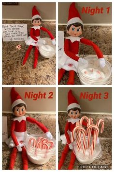 the elf is making some candy canes for his christmas party, and then he's getting ready to eat them