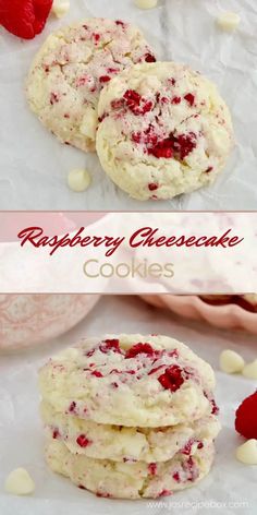 raspberry cheesecake cookies stacked on top of each other