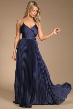 Navy Blue Maxi Dress - Pleated Maxi Dress - Cutout Dress - Lulus Navy Blue Maxi Dress, Cutout Maxi Dress, Pleated Maxi Dress, Maxi Dress Formal, Satin Maxi Dress, Formal Dresses For Women, Lulu Dresses, Maxi Dress Blue, Cutout Dress