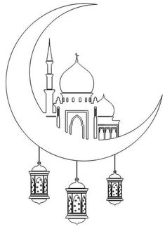 the crescent with lanterns hanging from it and a mosque in the background on a white background