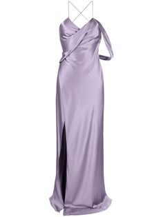 lavender purple silk strap detailing spaghetti straps rear criss-cross straps V-neck sleeveless rear tie fastening side slit floor-length Lavender Silk Dress, Lavender Silk, Purple Gowns, Michelle Mason, Lavender Dresses, Silk Maxi, Satin Gown, Purple Silk, Silk Maxi Dress