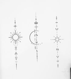 four different types of tattoos on a white sheet with arrows and sunbursts