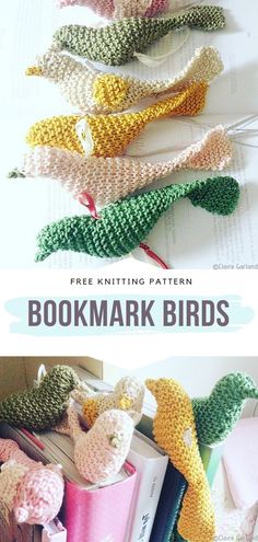 crocheted bookmark birds are sitting on top of books