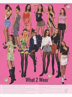 an advertisement for what 2 wear featuring girls in different outfits